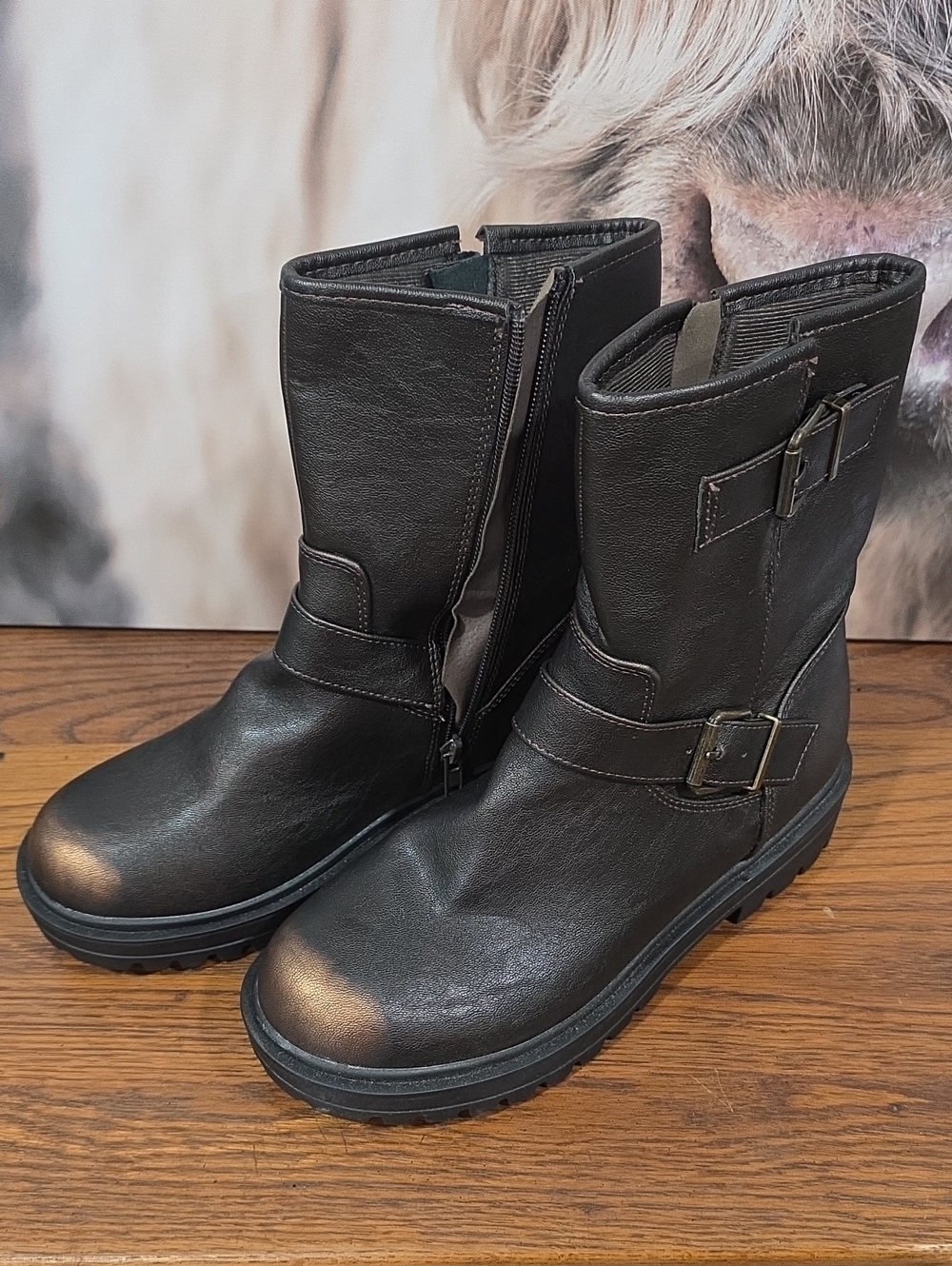Soda Black Leather Mid-Calf Buckle Ankle Boots